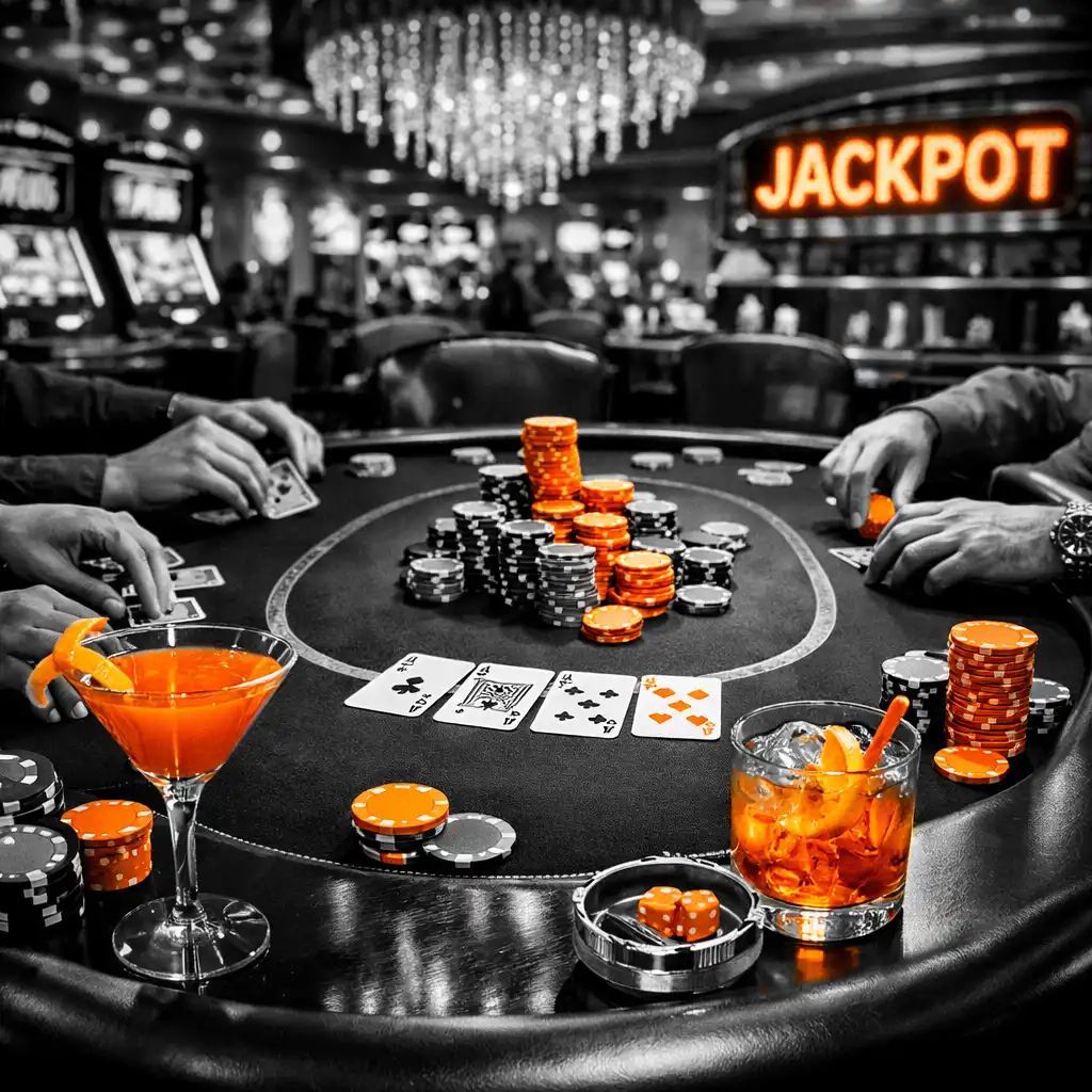 Modern Las Vegas-i kaszinó hangulat, csillogó fényekkel és pókerasztallal